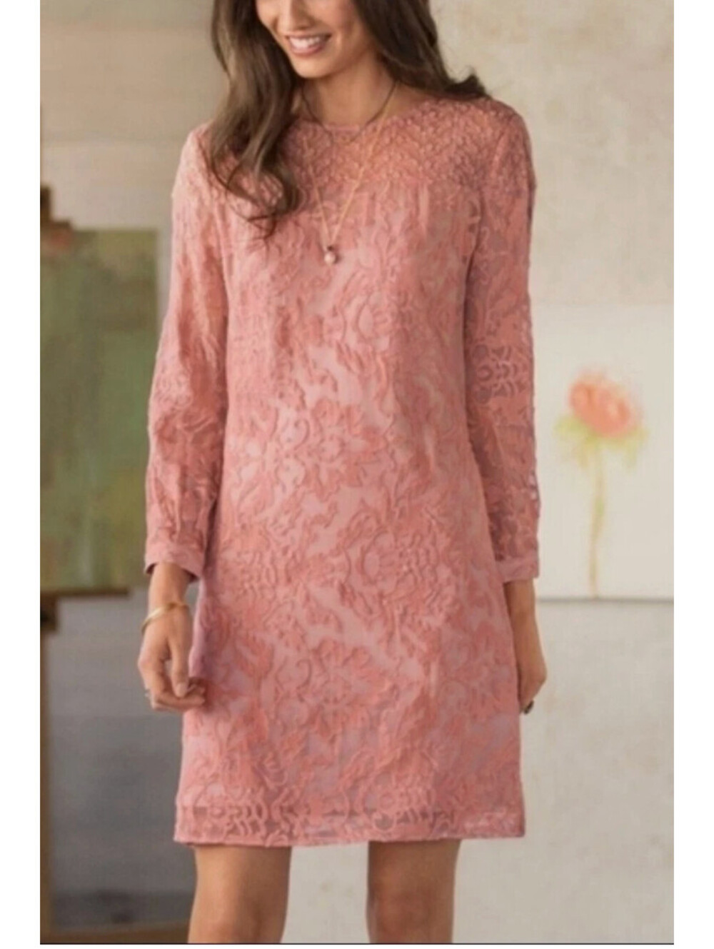 Sundance Silk Embroidered Sheer Lace Pink Blush Boho Shift Dress Size 16 NO SLIP